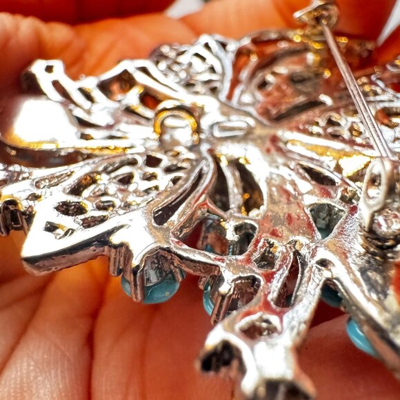 Turquoise Cluster Brooch Pendant Large Floral Gold Tone Statement Pin 2.25 inch - Picture 4 of 7